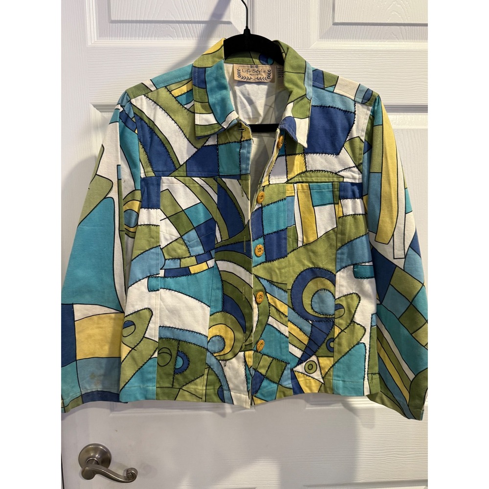 Life Style Petite Abstract Geometric Beaded Cotton Jacket Blue‎ Green Yellow PL